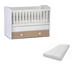Patut din lemn cu sertar si sistem de leganare Tony White Cappuccino + Saltea 12 cm