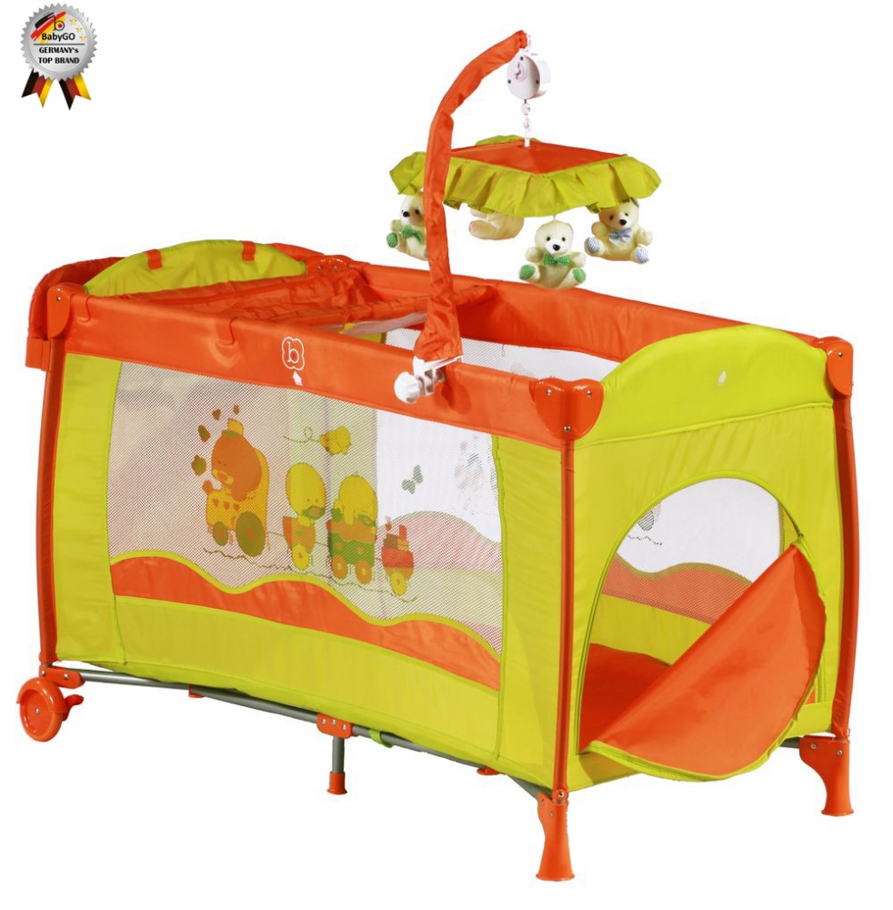 Patut pliant cu 2 nivele si mini-carusel Sleeper Deluxe orange