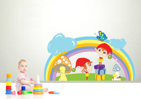 Sticker decorativ spiridusi sub curcubeu 96 x 53 cm