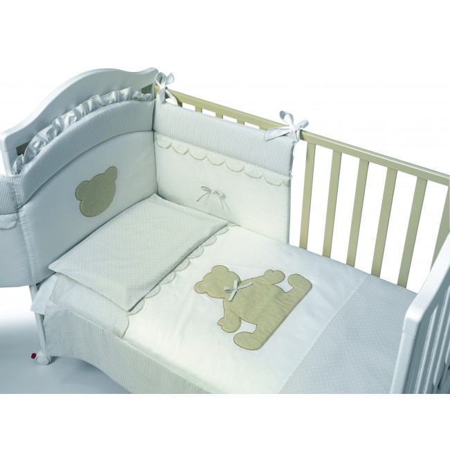 Set lenjerie de lux din bumbac cu broderie, protectie laterala, pilota pentru pat bebelusi Theo Italia bebelusi Camera copilului