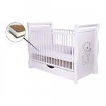 Patut din lemn Jas Ursulet 120x60 cm cu sertar Alb + Saltea 10 cm