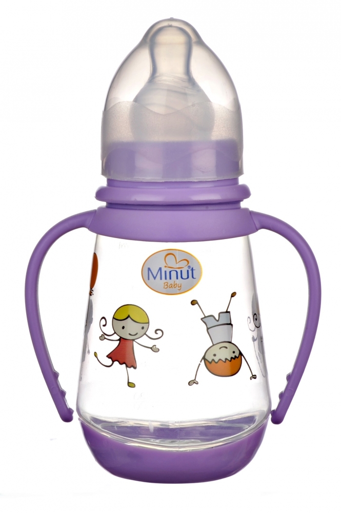 Biberon minut baby 150ml cu manere si tetina silicon 0+ diverse culori