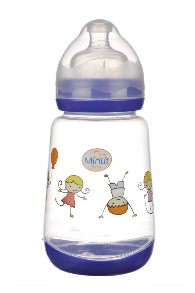 Biberon minut baby 300ml gat larg cu tetina silicon 0+ diverse culori