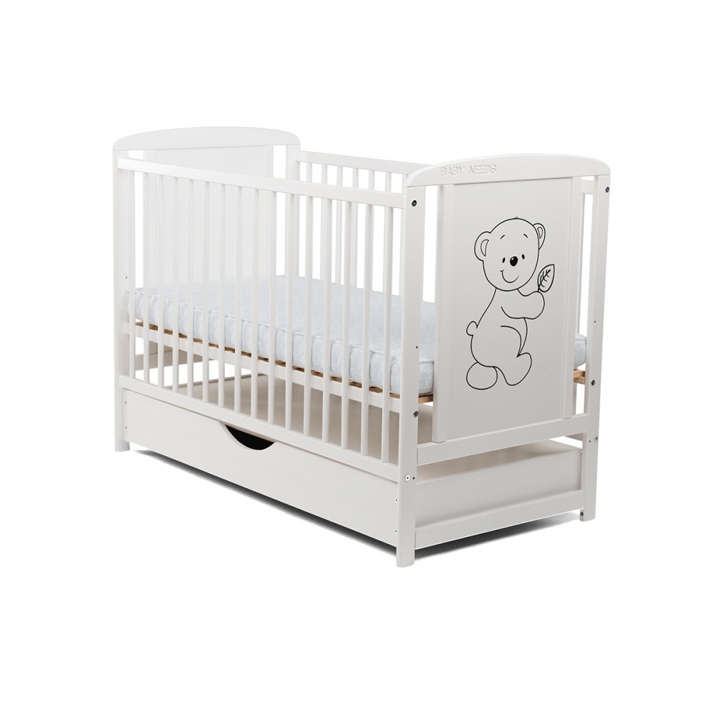 Patut din lemn Timmi Babyneeds 120x60 cm cu sertar Alb + Saltea 10 cm