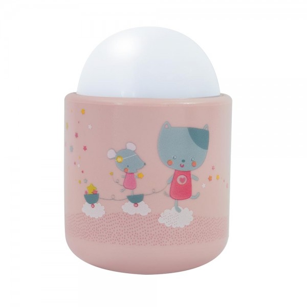 Lampa de veghe pabobo nomade pisicuta si soricel culoare roz pal cu led reincarcabila