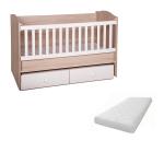 Patut din lemn cu sertar si sistem de leganare Tony Oak White + Saltea 10 cm