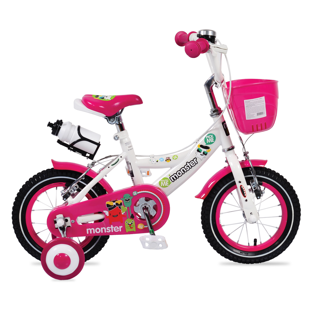 Bicicleta pentru fetite cu roti ajutatoare si cosulet 12 inch Little Monster Pink ajutatoare Biciclete Copii