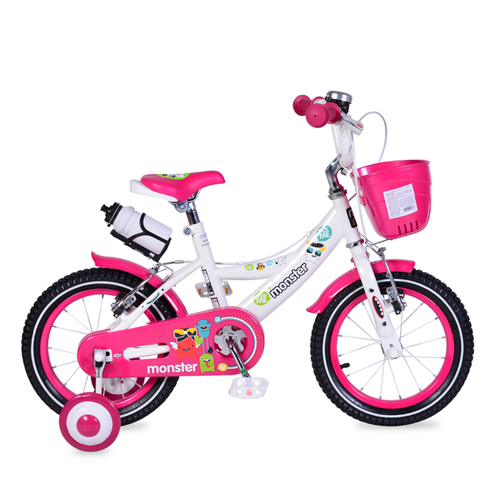 Bicicleta pentru fetite cu roti ajutatoare si cosulet 14 inch Little Monster Pink ajutatoare Biciclete Copii