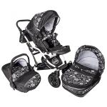 Carucior 3 in 1 Dalia Lux negru cu floricele albe