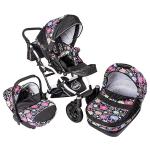 Carucior 3 in 1 Dalia Lux negru cu floricele multicolor