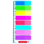 Index autoadeziv din plastic, Kores, 12x45mm, 8 culori, 25 file/culoare, atasate de rigla 12cm
