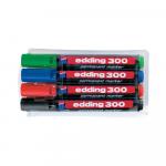 Marker permanent Edding300corp plastic negru capac cu clip de prindere in culoarea scrierii,vf.rorotund1.5-3mm 4buc/set (negru,rosu,albs,verde fluo)