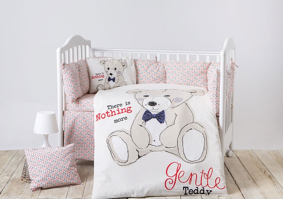 Lenjerie patut cu 5 piese si protectii laterale complete Teddy Bear type 3 60x120 cm