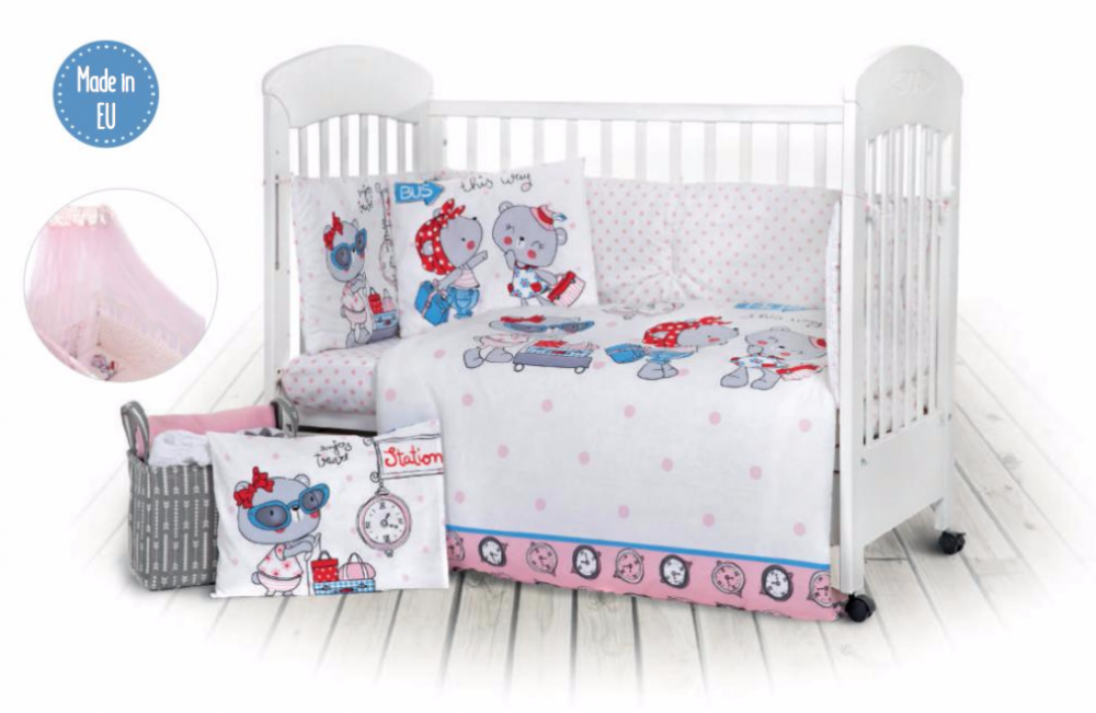 Lenjerie patut cu 7 piese si protectii laterale complete pink station 60x120 cm