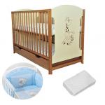 Patut din lemn Giraffe Natur + Saltea Cocos + Lenjerie 3 piese Blue