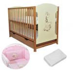 Patut din lemn Giraffe Natur + Saltea Cocos + Lenjerie 3 piese Roz