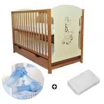 Patut din lemn Giraffe Natur + Saltea Cocos + Lenjerie 5 piese Blue
