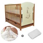 Patut din lemn Giraffe Natur + Saltea Cocos + Lenjerie 5 piese Crem