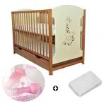 Patut din lemn Giraffe Natur + Saltea Cocos + Lenjerie 5 piese Roz