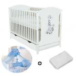 Patut din lemn Giraffe White + Saltea Cocos + Lenjerie 5 piese Blue