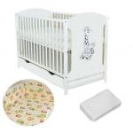 Patut din lemn Giraffe White + Saltea Cocos + Lenjerie 3 piese Bird Crem