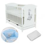 Patut din lemn Giraffe White + Saltea Cocos + Lenjerie 3 piese Blue