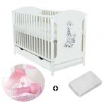 Patut din lemn Giraffe White + Saltea Cocos + Lenjerie 5 piese Roz