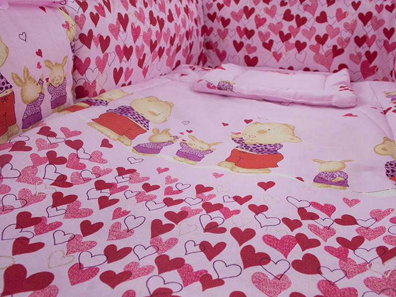 Lenjerie patut cu 4 piese 120x60 cm teddy inimioare roz