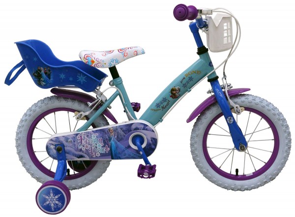 Bicicleta pentru fete 14 inch cu scaun pentru papusi roti ajutatoare si cosulet Frozen nichiduta.ro