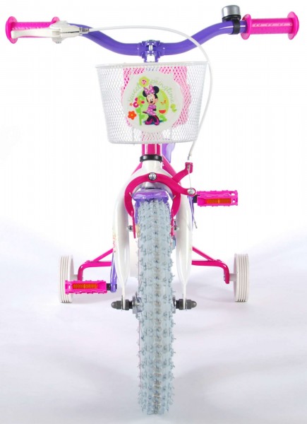 Bicicleta pentru fete 14 inch cu scaun pentru papusi roti ajutatoare si cosulet Minnie Mouse nichiduta.ro