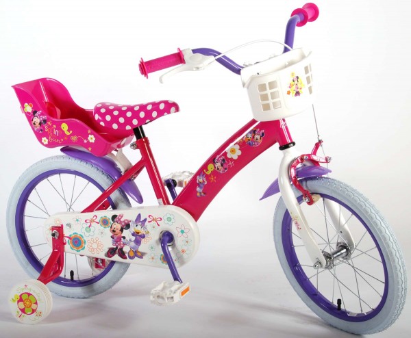 Bicicleta pentru fete 16 inch cu scaun pentru papusi roti ajutatoare si cosulet Minnie Mouse nichiduta.ro