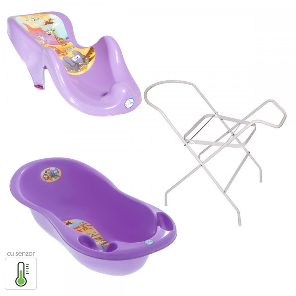 Set cadita saffari lux cu suport metalic si suport anatomic mov