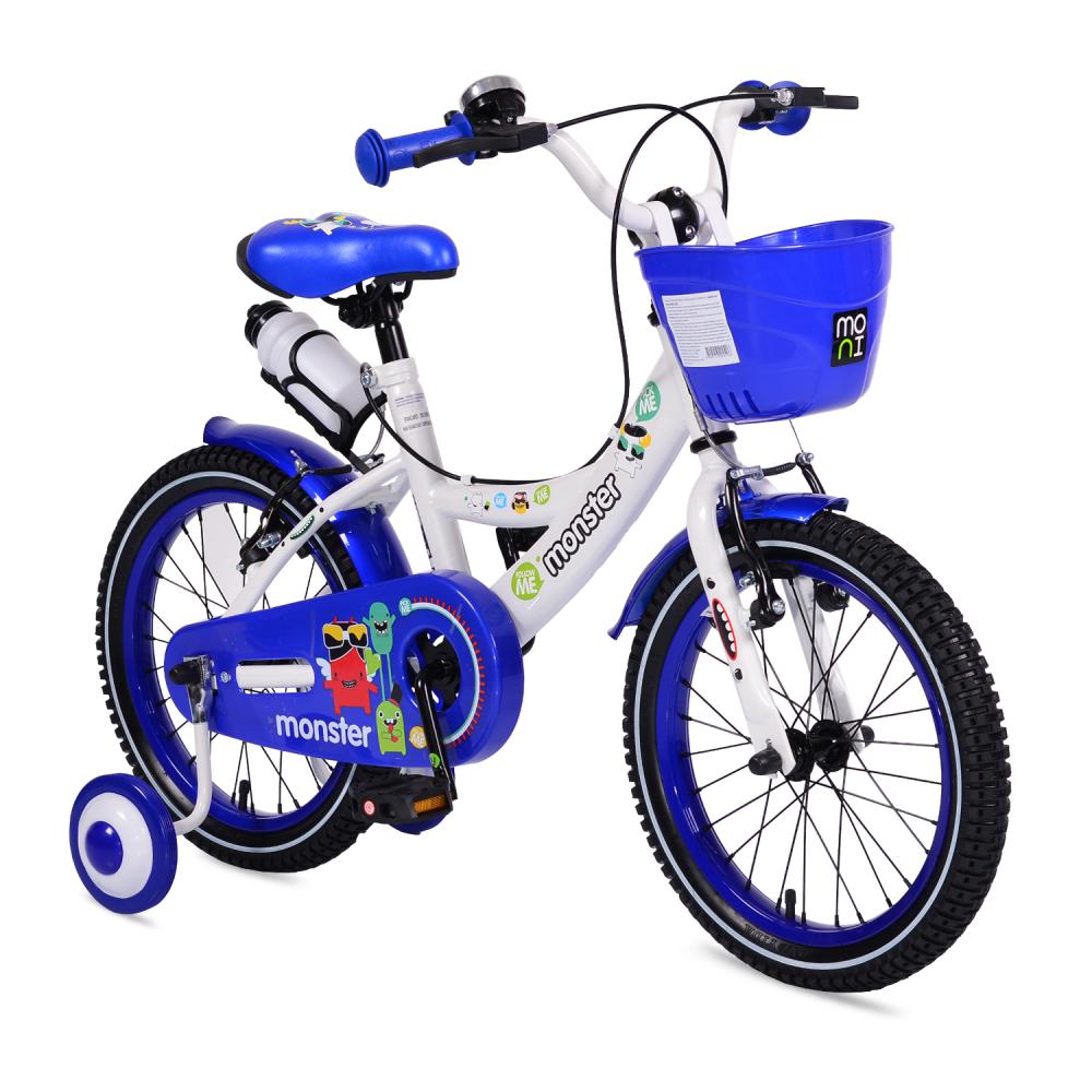 Bicicleta pentru baieti cu roti ajutatoare si cosulet 16 inch Little Monster Blue MONI