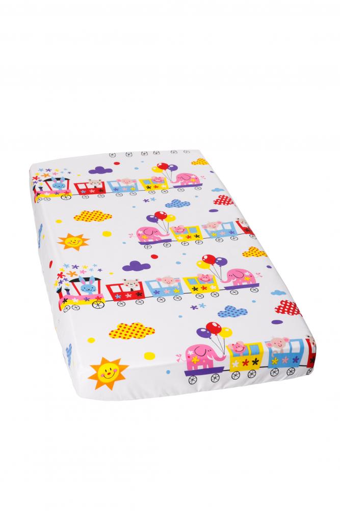 Cearceaf din bumbac cu elastic Happy Train 120x60 cm