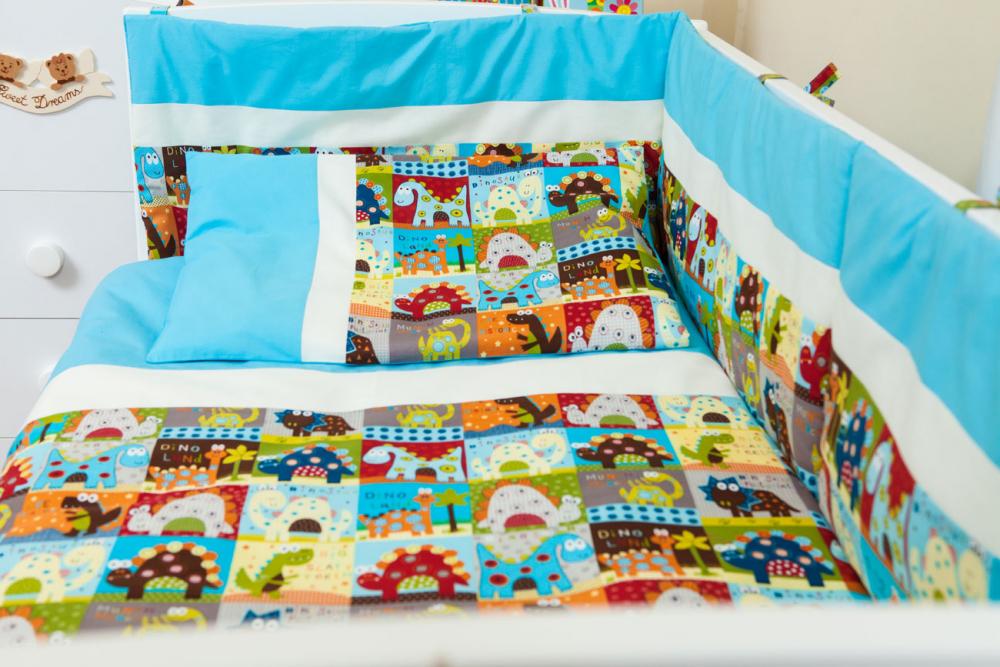 Lenjerie patut bebe cu turcoaz 5 piese dinozauri 120 x 60 cm