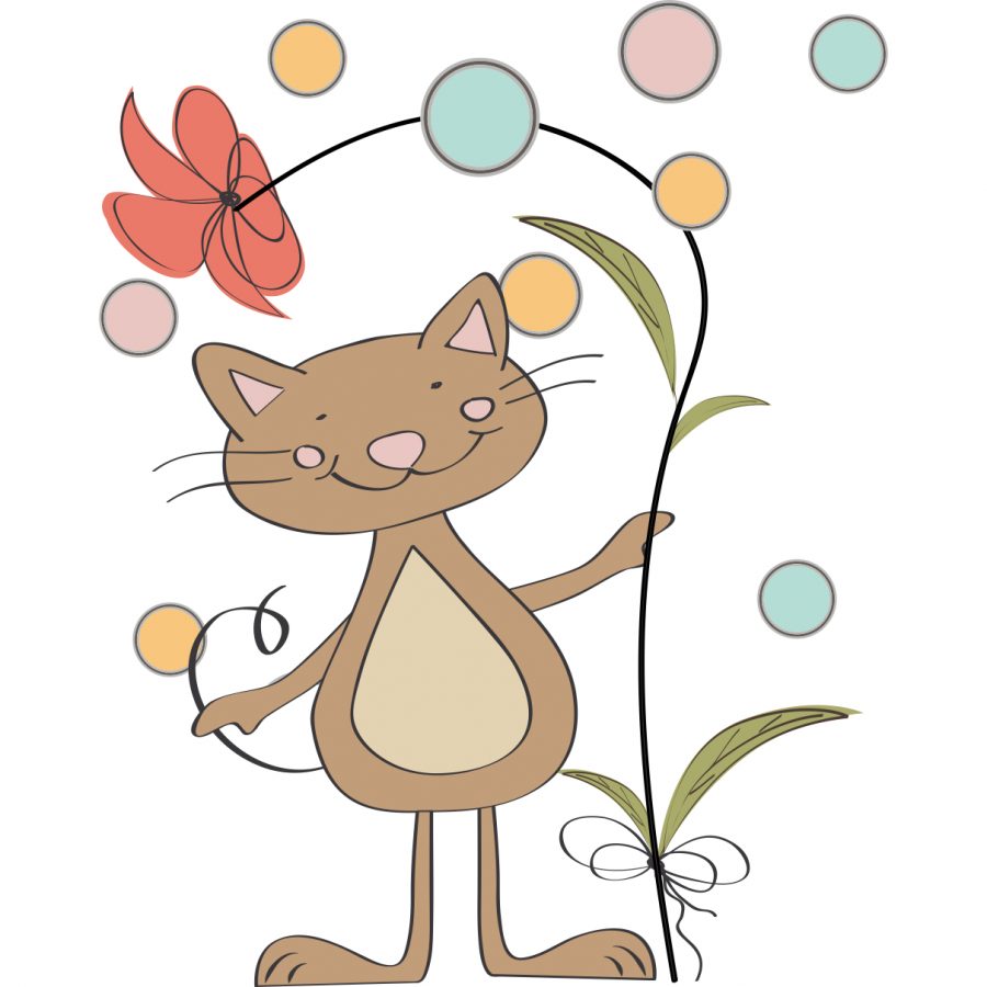 Sticker perete copii pisica cu floare 56 x 70 cm