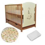 Patut din lemn Giraffe Natur + Saltea Cocos + Lenjerie 3 piese Bird Crem