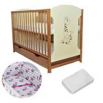 Patut din lemn Giraffe Natur + Saltea Cocos + Lenjerie 3 piese Elephant Pink
