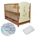 Patut din lemn Giraffe Natur + Saltea Cocos + Lenjerie 3 piese Elephant Turqoise