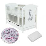 Patut din lemn Giraffe White + Saltea Cocos + Lenjerie 3 piese Elephant Pink