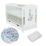 Patut din lemn Giraffe White + Saltea Cocos + Lenjerie 3 piese Elephant Turqoise