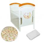 Patut din lemn Moon Bear cu laterala culisanta + Saltea Cocos + Lenjerie 3 piese Bird Crem