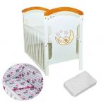 Patut din lemn Moon Bear cu laterala culisanta + Saltea Cocos + Lenjerie 3 piese Elephant Pink