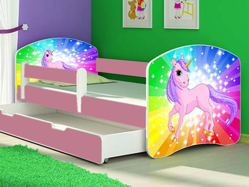 Patut tineret cu sertar si saltea Rainbow Unicorn 140×70 MyKids imagine 2022