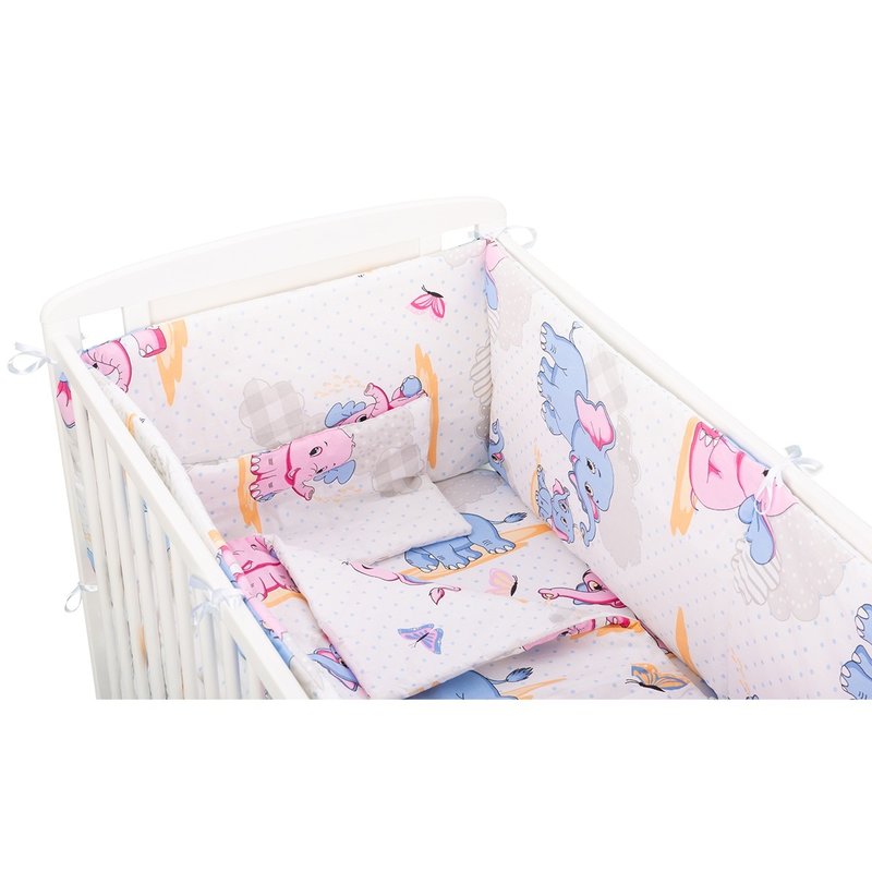 Lenjerie patut 5 piese 120x60 cm elefantei albastru-roz