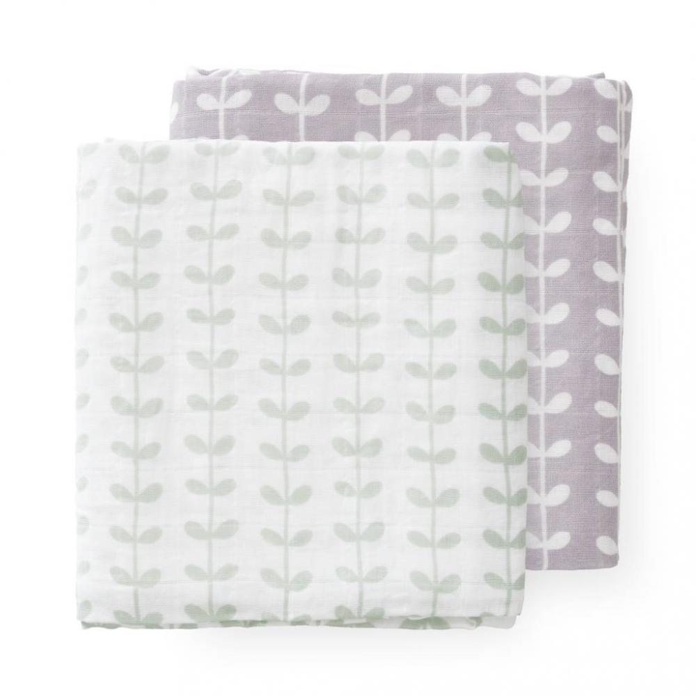 Set 2 paturici muselina de infasat din bumbac organic Leaves mint 120x120 cm