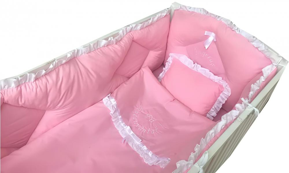 Lenjerie de pat bebelusi brodata Fii binecuvantat ingeras 140x70 cm roz - 1