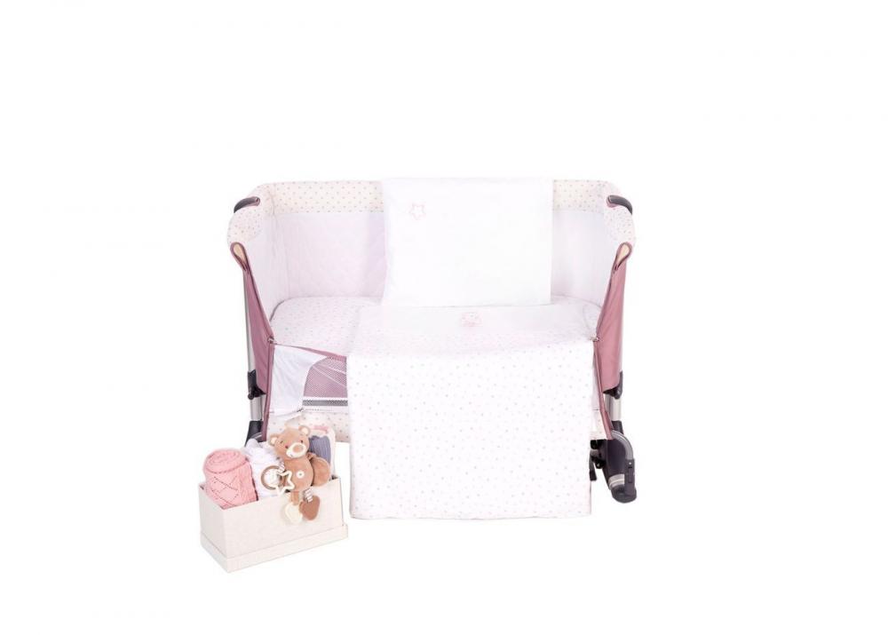 Lenjerie patut cu 5 piese si broderie 80x50 cm mini cot pink