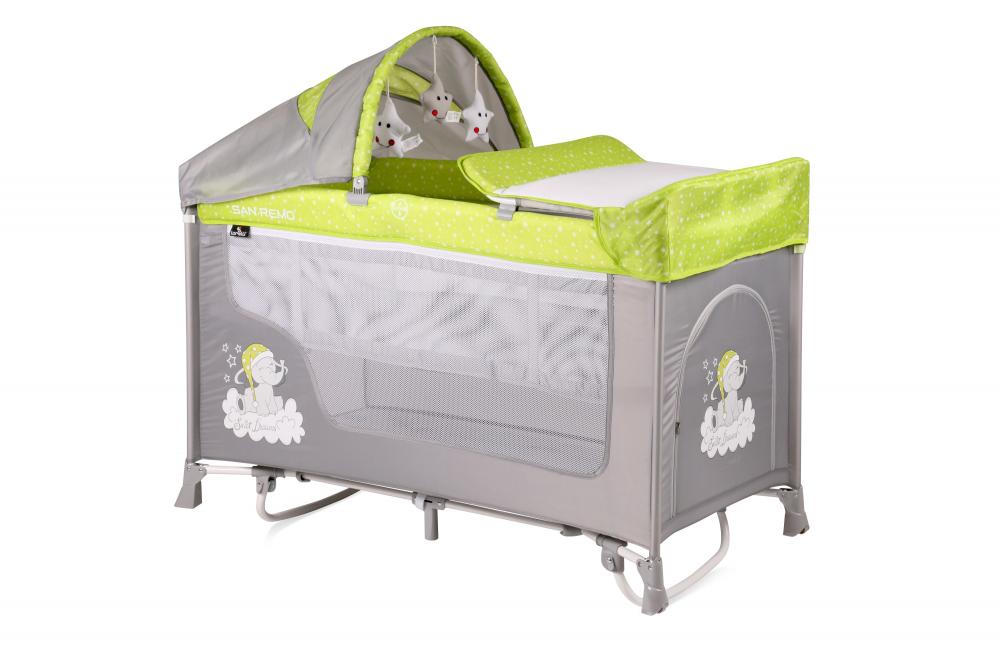 Patut pliabil San Remo Rocker cu 2 nivele si sistem de leganare Green Grey Elephants