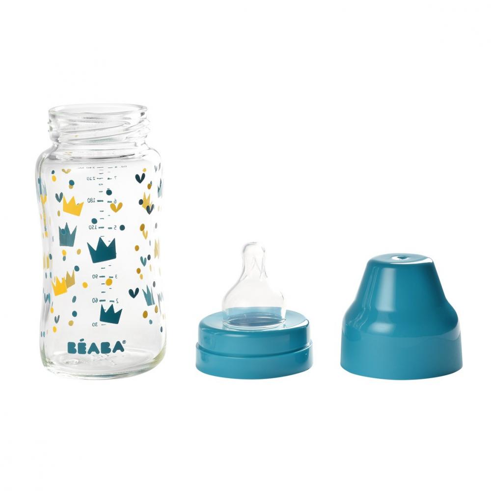 Biberon din sticla cu gat larg crown 240ml bleu